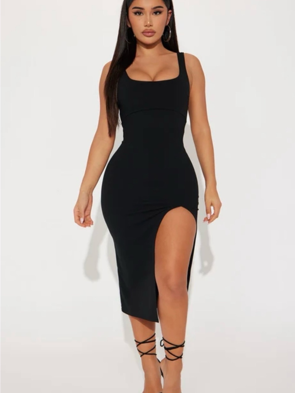Fashion Nova Black Square Neck Midi Dress with High Slit